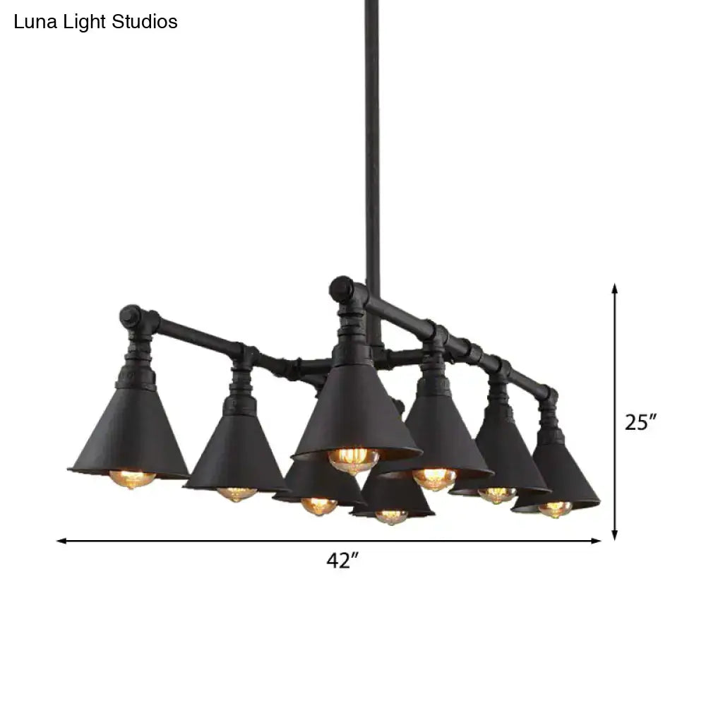 Decorbites vintage style black metal island chandelier with six cone shades and exposed bulbs compatible with 220v-240v 110v-120v