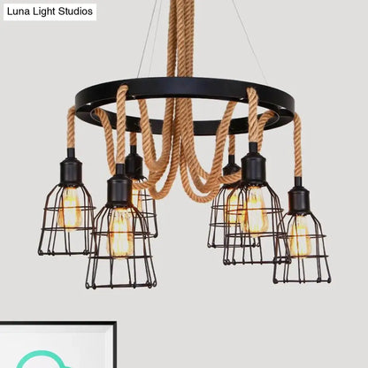 Vintage Style Black Multi-Light Chandelier Pendant with Rope Detail - Metal Global/Bell Cage Lamp