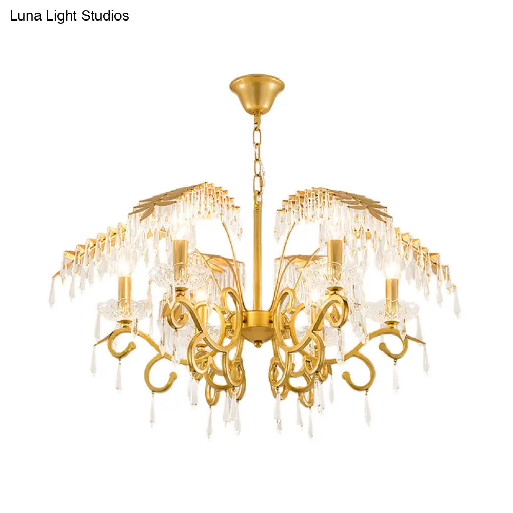 Lámpara de araña de estilo vintage con forma de rama, luces de metal y cristal, diseño de hojas en dorado.