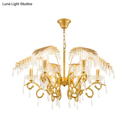 Lámpara de araña de estilo vintage con forma de rama, luces de metal y cristal, diseño de hojas en dorado.