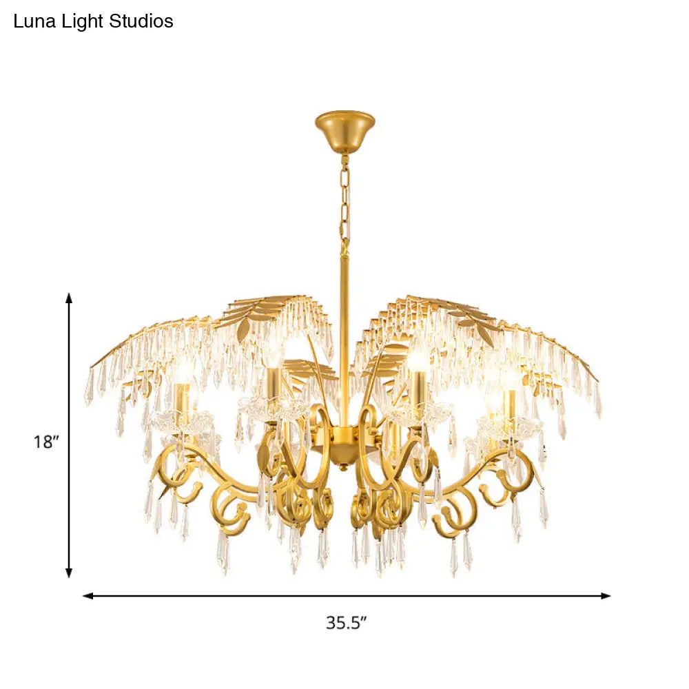 Lámpara de araña de estilo vintage con forma de rama, luces de metal y cristal, diseño de hojas en dorado.