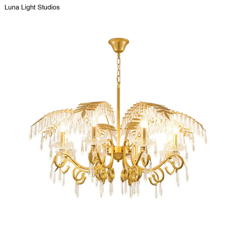 Lámpara de araña de estilo vintage con forma de rama, luces de metal y cristal, diseño de hojas en dorado.