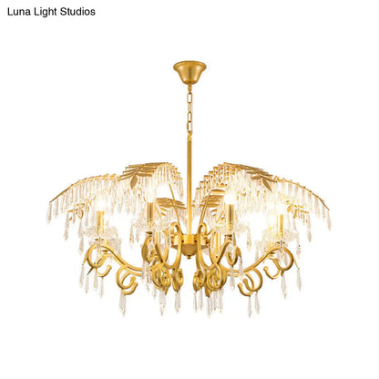 Lámpara de araña de estilo vintage con forma de rama, luces de metal y cristal, diseño de hojas en dorado.