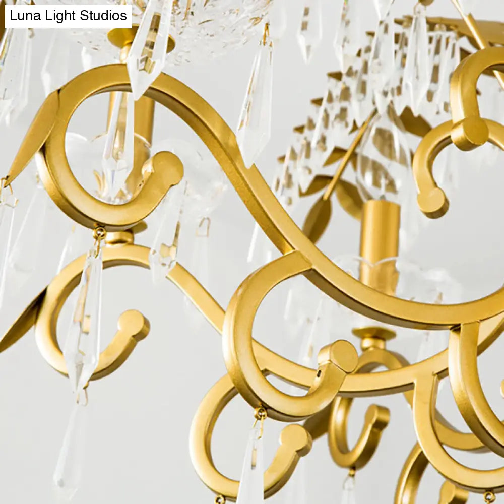 Lámpara de araña de estilo vintage con forma de rama, luces de metal y cristal, diseño de hojas en dorado.