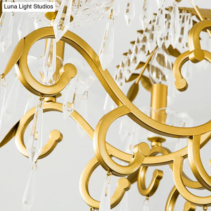 Lámpara de araña de estilo vintage con forma de rama, luces de metal y cristal, diseño de hojas en dorado.