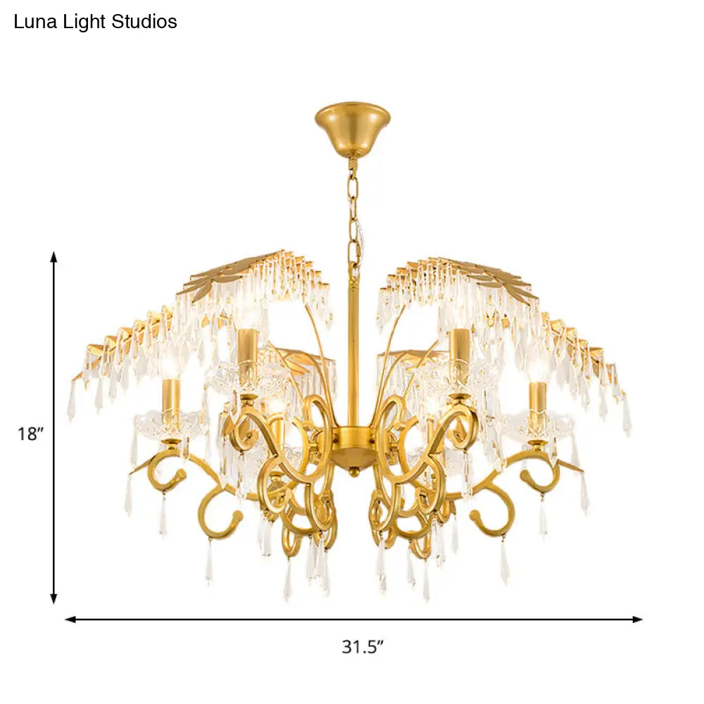 Lámpara de araña de estilo vintage con forma de rama, luces de metal y cristal, diseño de hojas en dorado.