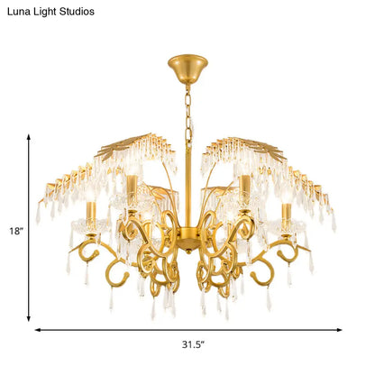 Lámpara de araña de estilo vintage con forma de rama, luces de metal y cristal, diseño de hojas en dorado.