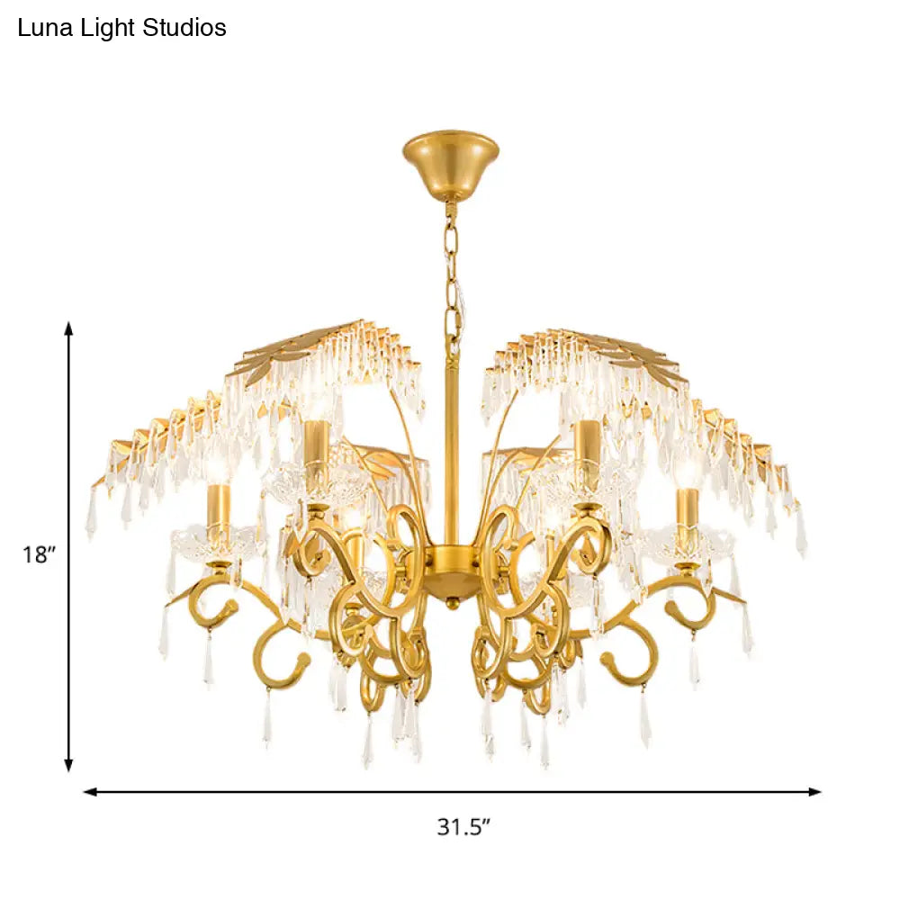 Lámpara de araña de estilo vintage con forma de rama, luces de metal y cristal, diseño de hojas en dorado.