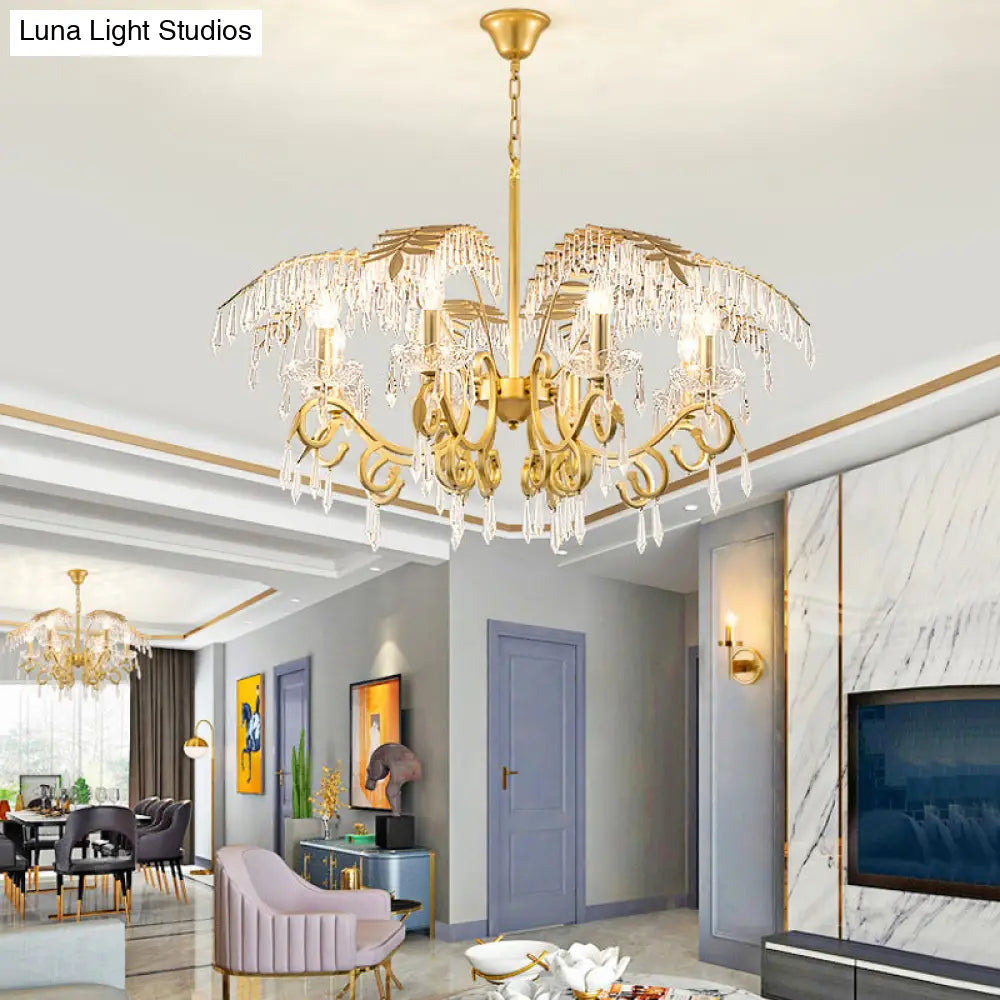 Lámpara de araña de estilo vintage con forma de rama, luces de metal y cristal, diseño de hojas en dorado.