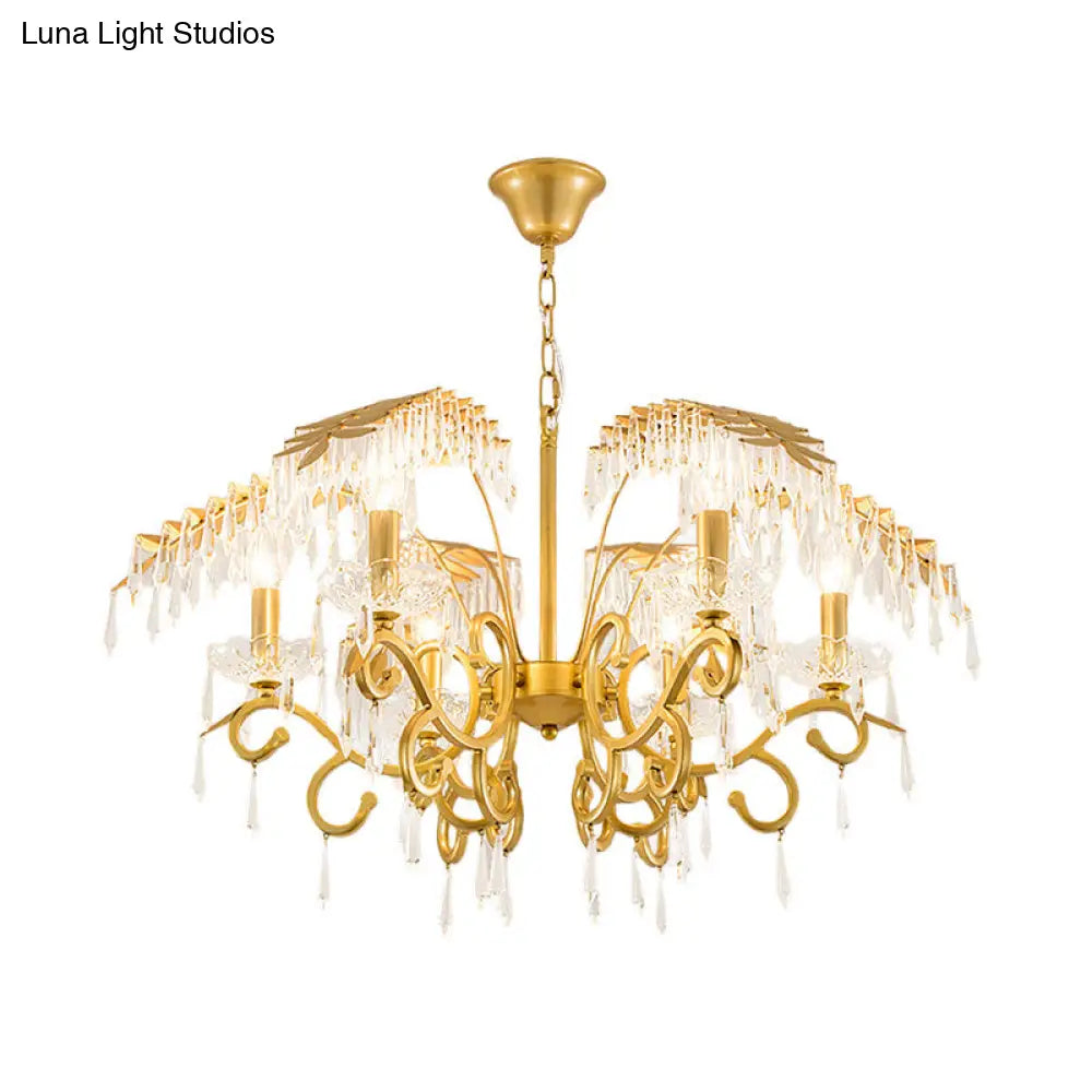 Lámpara de araña de estilo vintage con forma de rama, luces de metal y cristal, diseño de hojas en dorado.