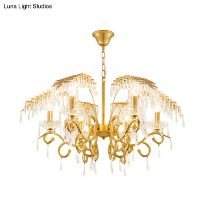 Lámpara de araña de estilo vintage con forma de rama, luces de metal y cristal, diseño de hojas en dorado.