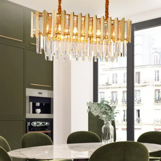 Decorbites™ brass finish multi light pendant chandelier with vintage style featuring faceted crystals and hanging droplets