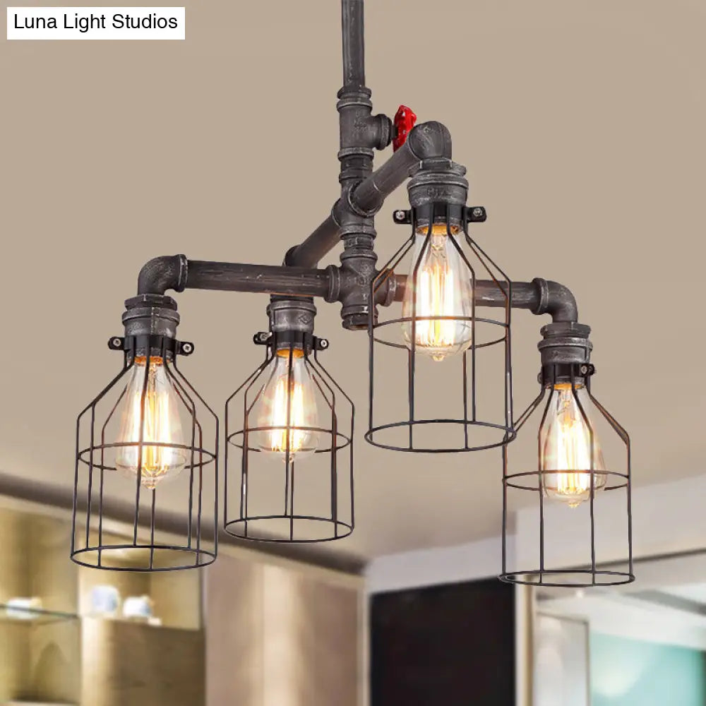 Vintage-Style Caged Chandelier with Water Pipe Design - 4-Light Wrought Iron Ceiling Pendant in Rustic Finish