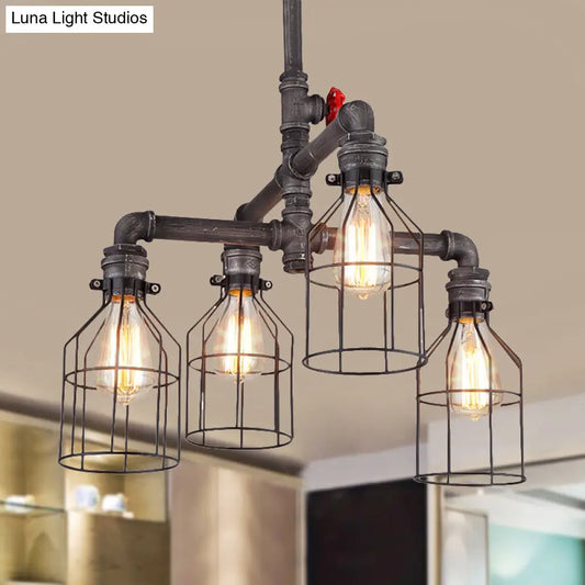 Vintage-Style Caged Chandelier with Water Pipe Design - 4-Light Wrought Iron Ceiling Pendant in Rustic Finish