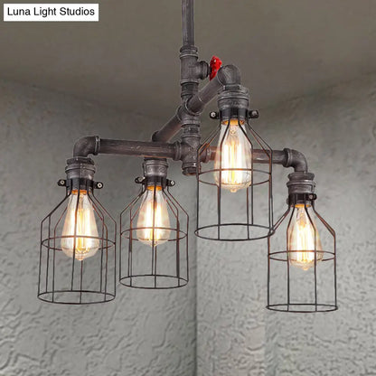 Vintage-Style Caged Chandelier with Water Pipe Design - 4-Light Wrought Iron Ceiling Pendant in Rustic Finish