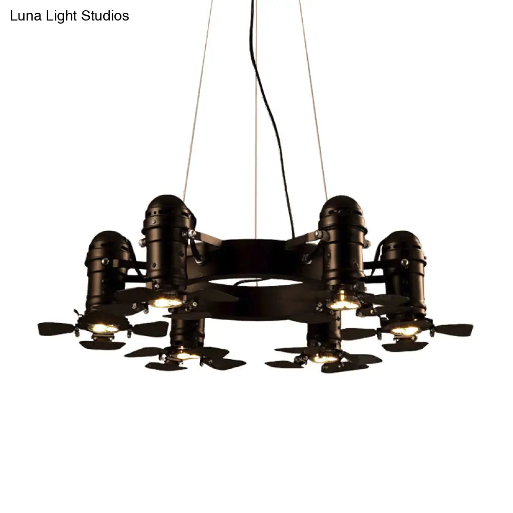 Vintage Style Chandelier Light Fixture - Metallic Black Finish, Shaded, 6 Lights, Hanging Design