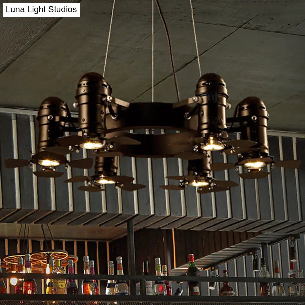 Vintage Style Chandelier Light Fixture - Metallic Black Finish, Shaded, 6 Lights, Hanging Design