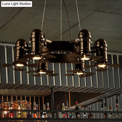 Vintage Style Chandelier Light Fixture - Metallic Black Finish, Shaded, 6 Lights, Hanging Design