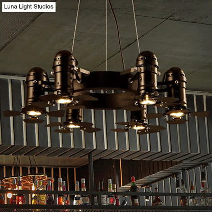 Vintage Style Chandelier Light Fixture - Metallic Black Finish, Shaded, 6 Lights, Hanging Design