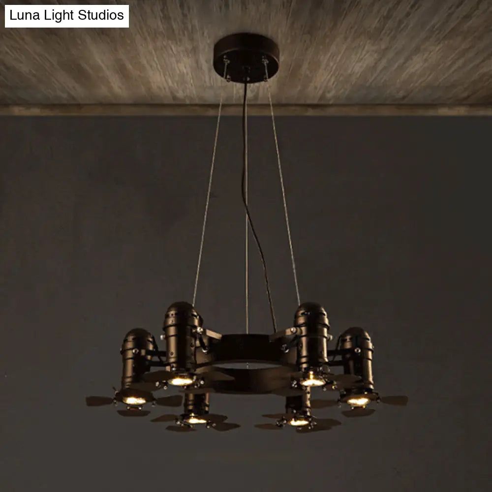 Vintage Style Chandelier Light Fixture - Metallic Black Finish, Shaded, 6 Lights, Hanging Design
