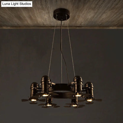 Vintage Style Chandelier Light Fixture - Metallic Black Finish, Shaded, 6 Lights, Hanging Design