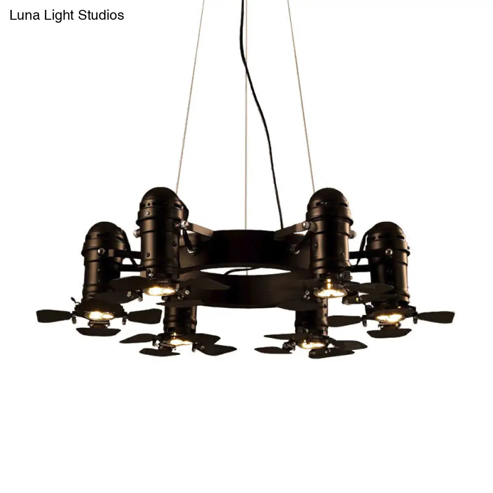 Vintage Style Chandelier Light Fixture - Metallic Black Finish, Shaded, 6 Lights, Hanging Design