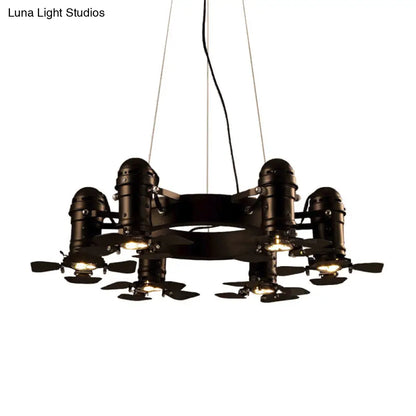 Vintage Style Chandelier Light Fixture - Metallic Black Finish, Shaded, 6 Lights, Hanging Design