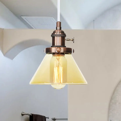 Vintage Style Conical Hanging Pendant Light with Amber/Clear Glass and Metal Head in Black/Bronze/Brass