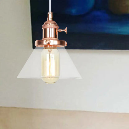 Vintage Style Conical Hanging Pendant Light with Amber/Clear Glass and Metal Head in Black/Bronze/Brass