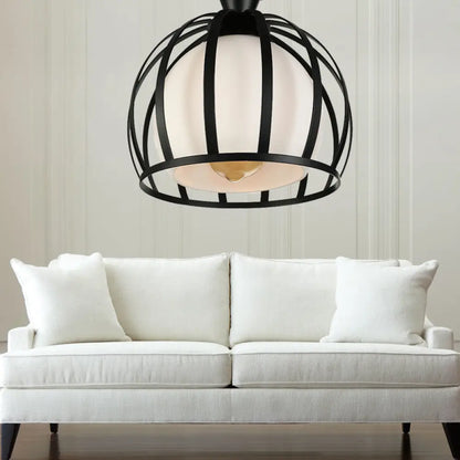 Vintage Style Domed Cage Metal Ceiling Light Fixture - 1 Head Dining Room Semi Mount Lighting in Black/White