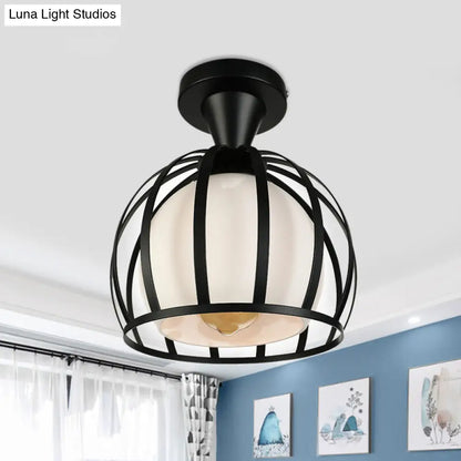 Vintage Style Domed Cage Metal Ceiling Light Fixture - 1 Head Dining Room Semi Mount Lighting in Black/White