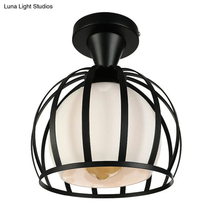 Vintage Style Domed Cage Metal Ceiling Light Fixture - 1 Head Dining Room Semi Mount Lighting in Black/White