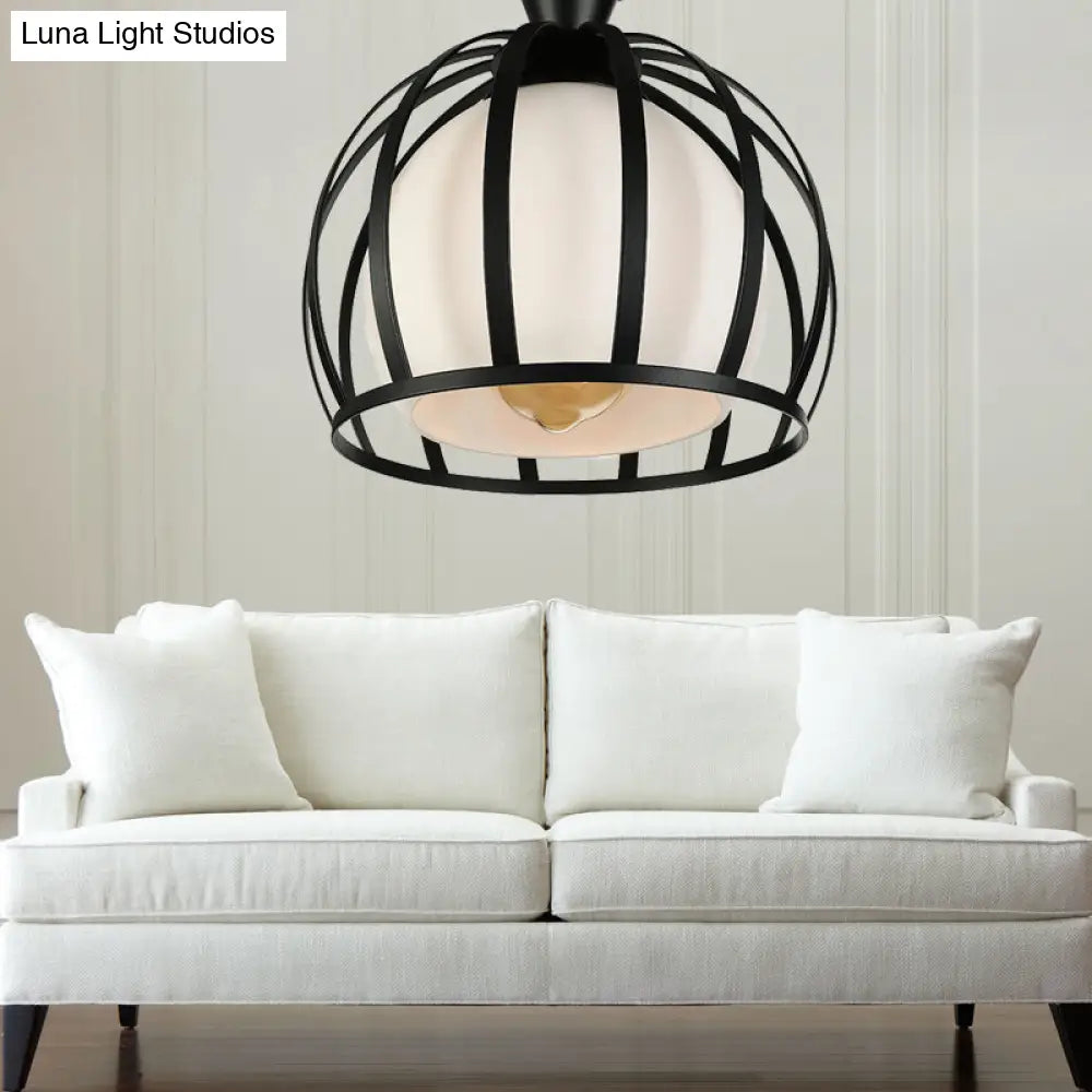 Vintage Style Domed Cage Metal Ceiling Light Fixture - 1 Head Dining Room Semi Mount Lighting in Black/White