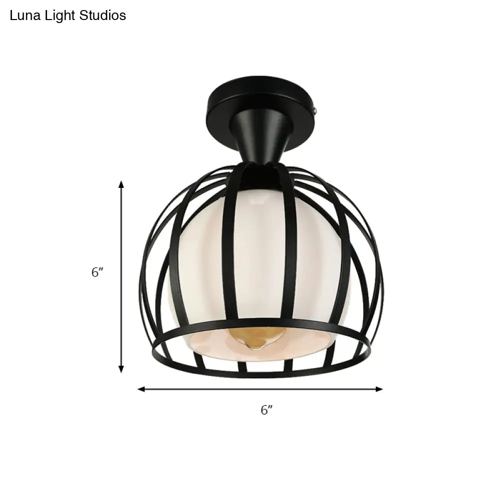 Vintage Style Domed Cage Metal Ceiling Light Fixture - 1 Head Dining Room Semi Mount Lighting in Black/White