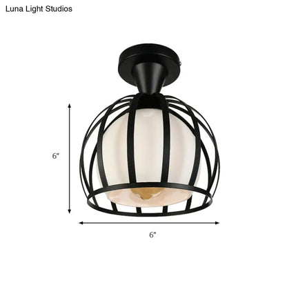 Vintage Style Domed Cage Metal Ceiling Light Fixture - 1 Head Dining Room Semi Mount Lighting in Black/White