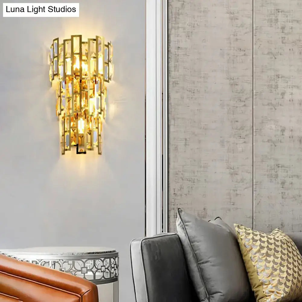 Gold-toned crystal vintage style tiered wall sconce with geometric design for living room lighting