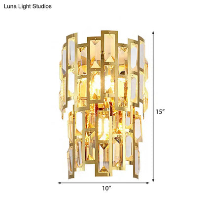 Vintage style gold tiered wall sconce with cascading rectangular crystal facets for elegant living room lighting
