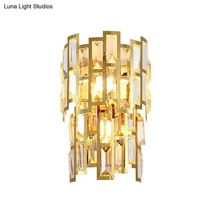 Vintage style gold tiered wall sconce with cascading rectangular crystal panels for living room lighting