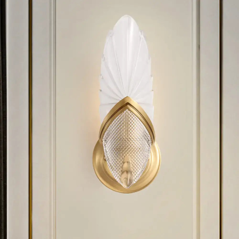 Elegant vintage style gold wall lamp with frosted glass fan-shaped shade and textured crystal diffuser for bedroom
