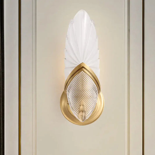 Elegant vintage style gold wall lamp with frosted glass fan-shaped shade and textured crystal diffuser for bedroom