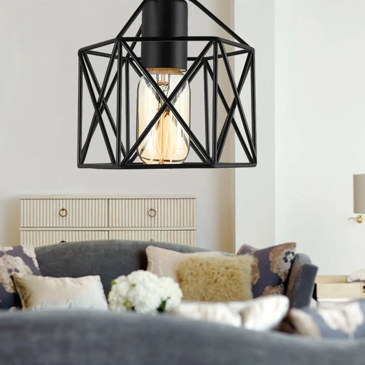 DecorBites™ DecorBites™ Vintage Style Iron Ceiling Fixture with Hexagon Cage Shade and 1 Bulb, Perfect for Balcony Ceiling in Black/White