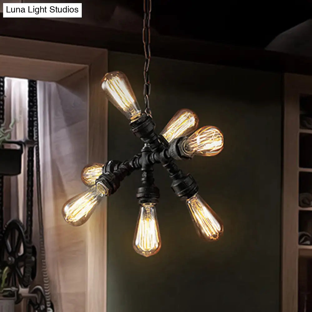 Vintage Style Iron Chandelier Lamp with Water Pipe - Dark Rust, 7 Heads Ceiling Light Fixture