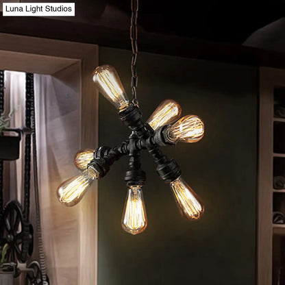 Vintage Style Iron Chandelier Lamp with Water Pipe - Dark Rust, 7 Heads Ceiling Light Fixture