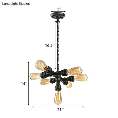 Vintage Style Iron Chandelier Lamp with Water Pipe - Dark Rust, 7 Heads Ceiling Light Fixture