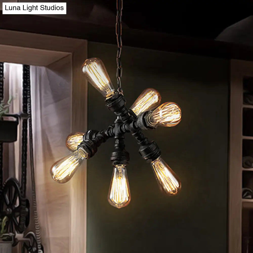 Vintage Style Iron Chandelier Lamp with Water Pipe - Dark Rust, 7 Heads Ceiling Light Fixture