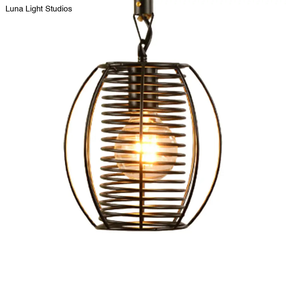 Vintage Style Metal and Rope Pendant Light with Black Wire Cage and Cylinder/Square Shade