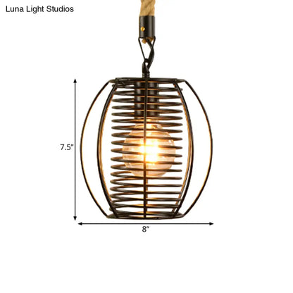 Vintage Style Metal and Rope Pendant Light with Black Wire Cage and Cylinder/Square Shade