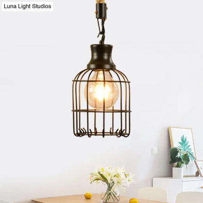 Vintage Style Metal and Rope Pendant Light with Black Wire Cage and Cylinder/Square Shade