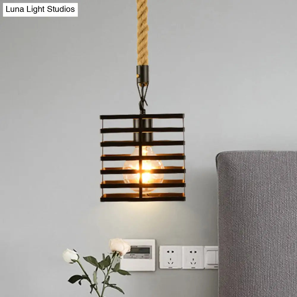 Vintage Style Metal and Rope Pendant Light with Black Wire Cage and Cylinder/Square Shade