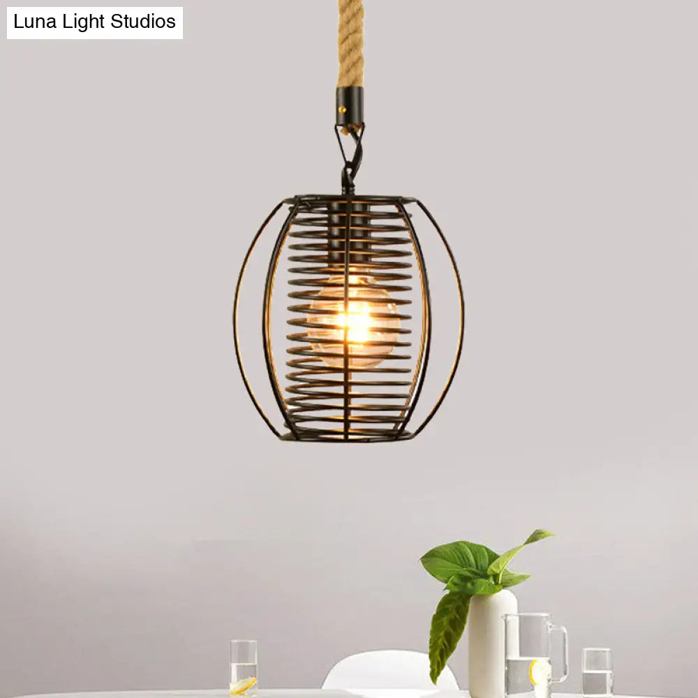 Vintage Style Metal and Rope Pendant Light with Black Wire Cage and Cylinder/Square Shade